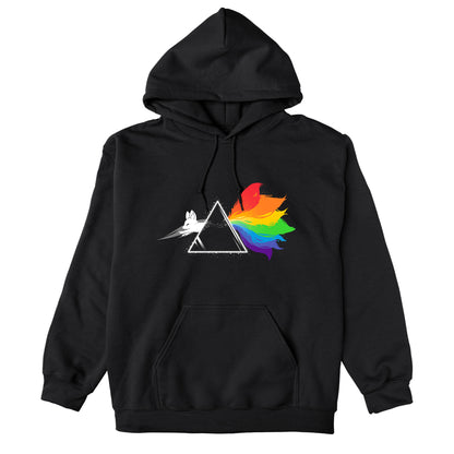 Pullover Hoodie_TeeTurtle black Dark Side of the Kitsune. Featuring a white kitsune jumping through a triangular prism with a rainbow-colored tail.