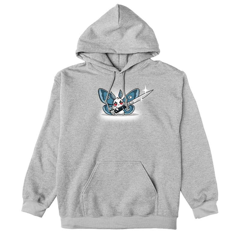 Pullover Hoodie_TeeTurtle Deadly Moth heather gray design featuring a oth character with red eyes and blue wings holds a large shiny knife with a smile that hints at dark humor.