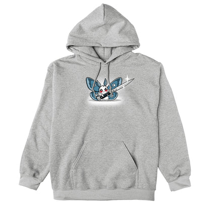 Pullover Hoodie_TeeTurtle Deadly Moth heather gray design featuring a oth character with red eyes and blue wings holds a large shiny knife with a smile that hints at dark humor.