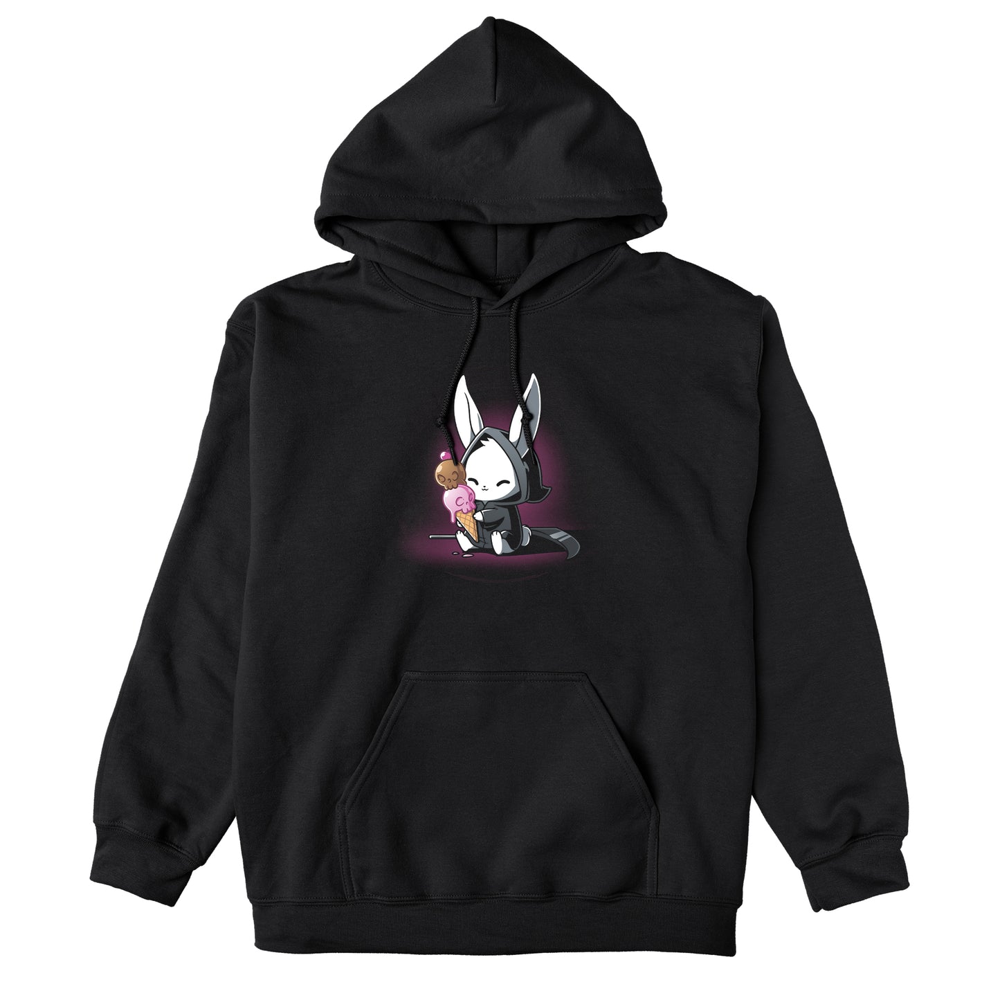 Pullover Hoodie_TeeTurtle Death By Ice Cream black design featuring a rabbit in a black cloak with a double-scoop ice cream cone.