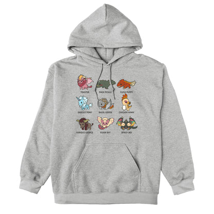 Pullover Hoodie_TeeTurtle heather gray Derpy Monster Hunter Grid apparel featuring various Monster Hunter boss monsters with their fandom nicknames in a grid, in the order of Toaster, Rage Pickle, Flesh Puppy, Shock Pony, Bagel Goose, Chicken Hawk, Furious George, Floof Bat, and Spikey Boi.