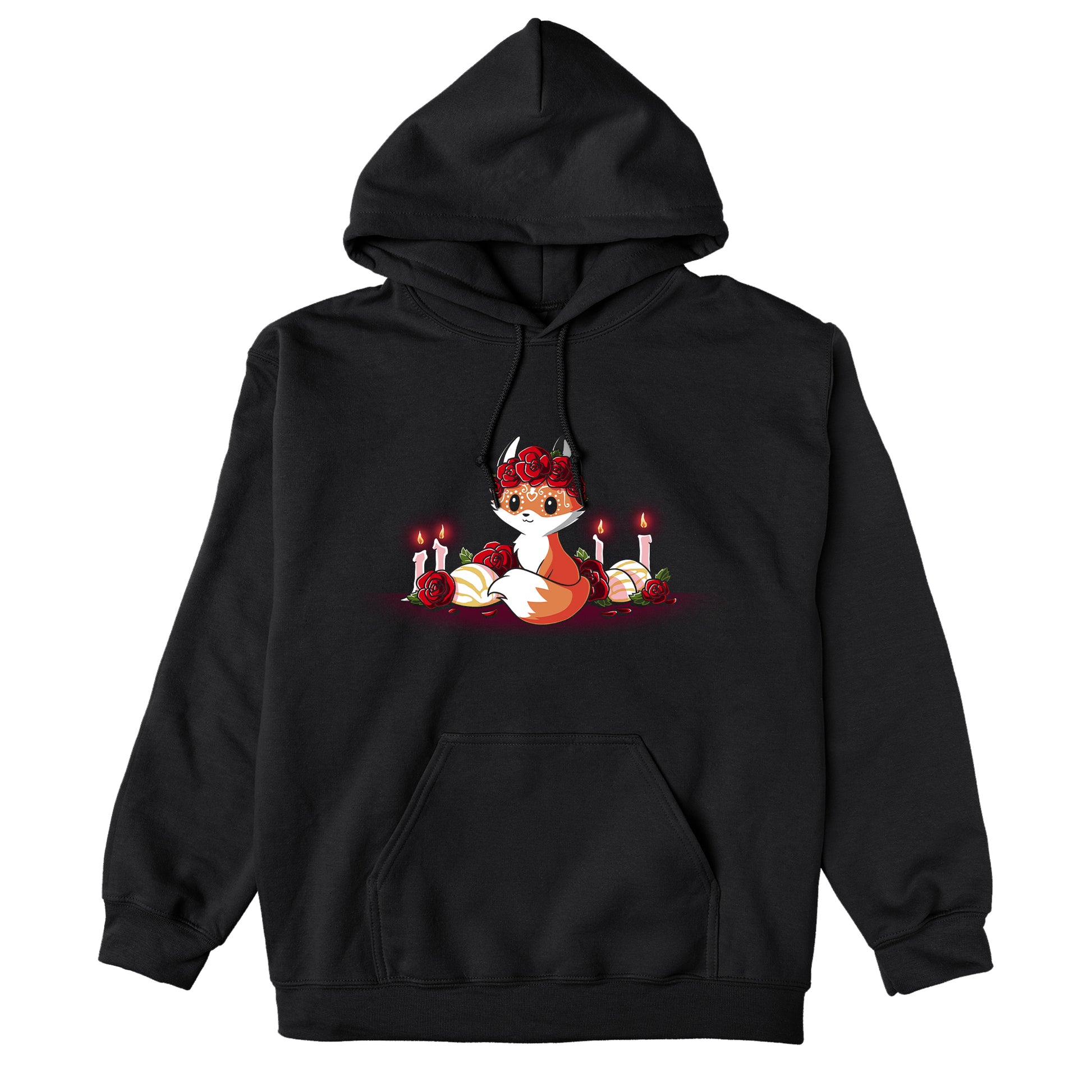 Pullover Hoodie_TeeTurtle Dia de los Foxes black design featuring a cute little fox animal with Dia de los Muertos markings and wearing a crown of roses, surrounded by lit candles, roses and other Day of the Dead objects.