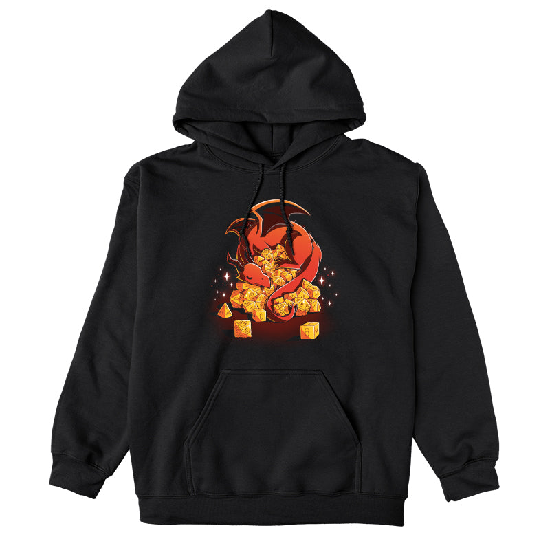 Pullover Hoodie_A red dragon is curled around an overflowing pile of yellow polyhedral dice, with sparkles around. Show off your inner Dice Hoarder with this black monsterdigital Dice Hoarder apparel crafted from super soft ringspun cotton. The dice include various types ranging from d4 to d20.