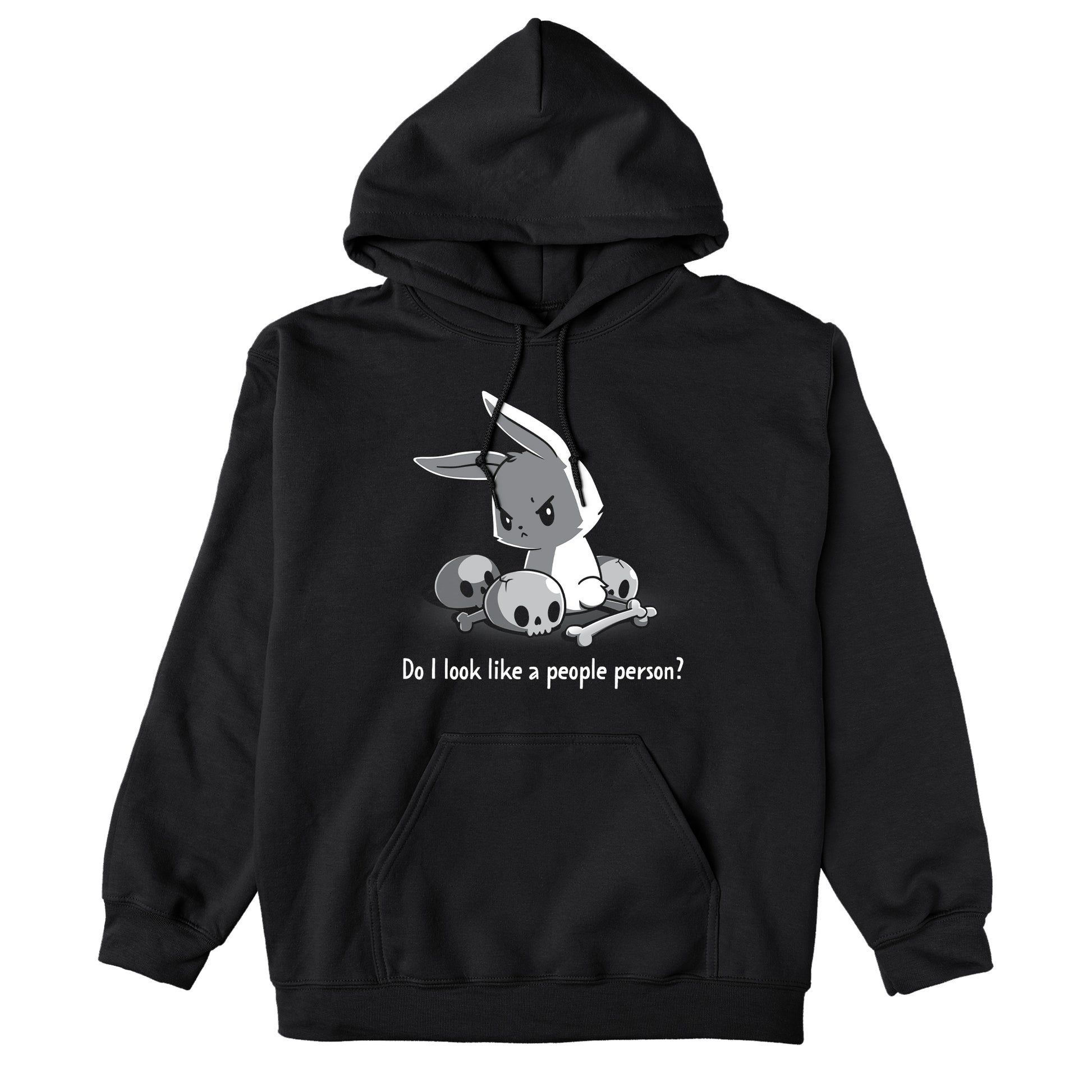 Pullover Hoodie_TeeTurtle Do I Look Like a People Person black t-shirt featuring a bunny with an angry expression sitting among skulls and bones. The text reads "Do I Look Like a People Person?"