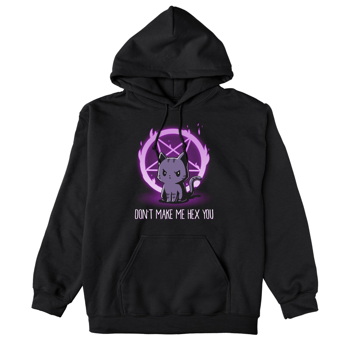 Pullover Hoodie_TeeTurtle Don't Make Me Hex You black design featuring a cat in front of a purple flaming pentagram.