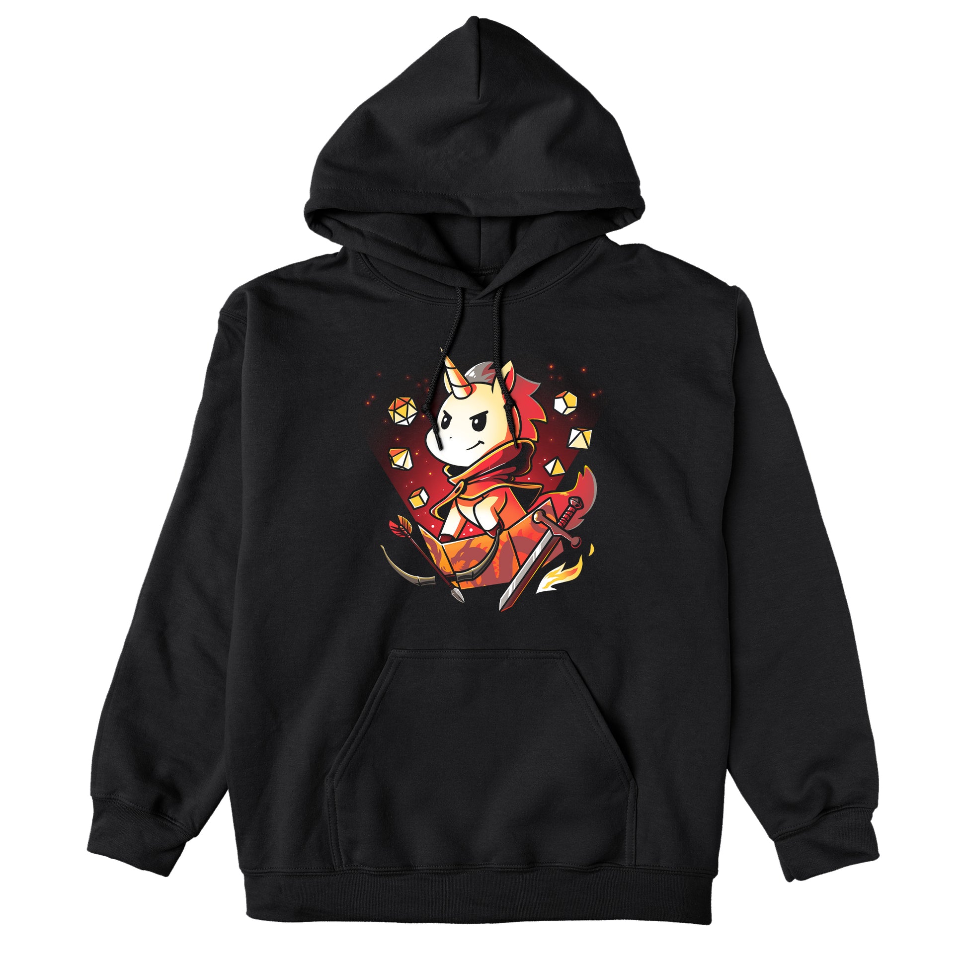 Pullover Hoodie_TeeTurtle Dungeons & Unicorns black design featuring a unicorn dungeon master surrounded by tabletop gaming dice and weapons.