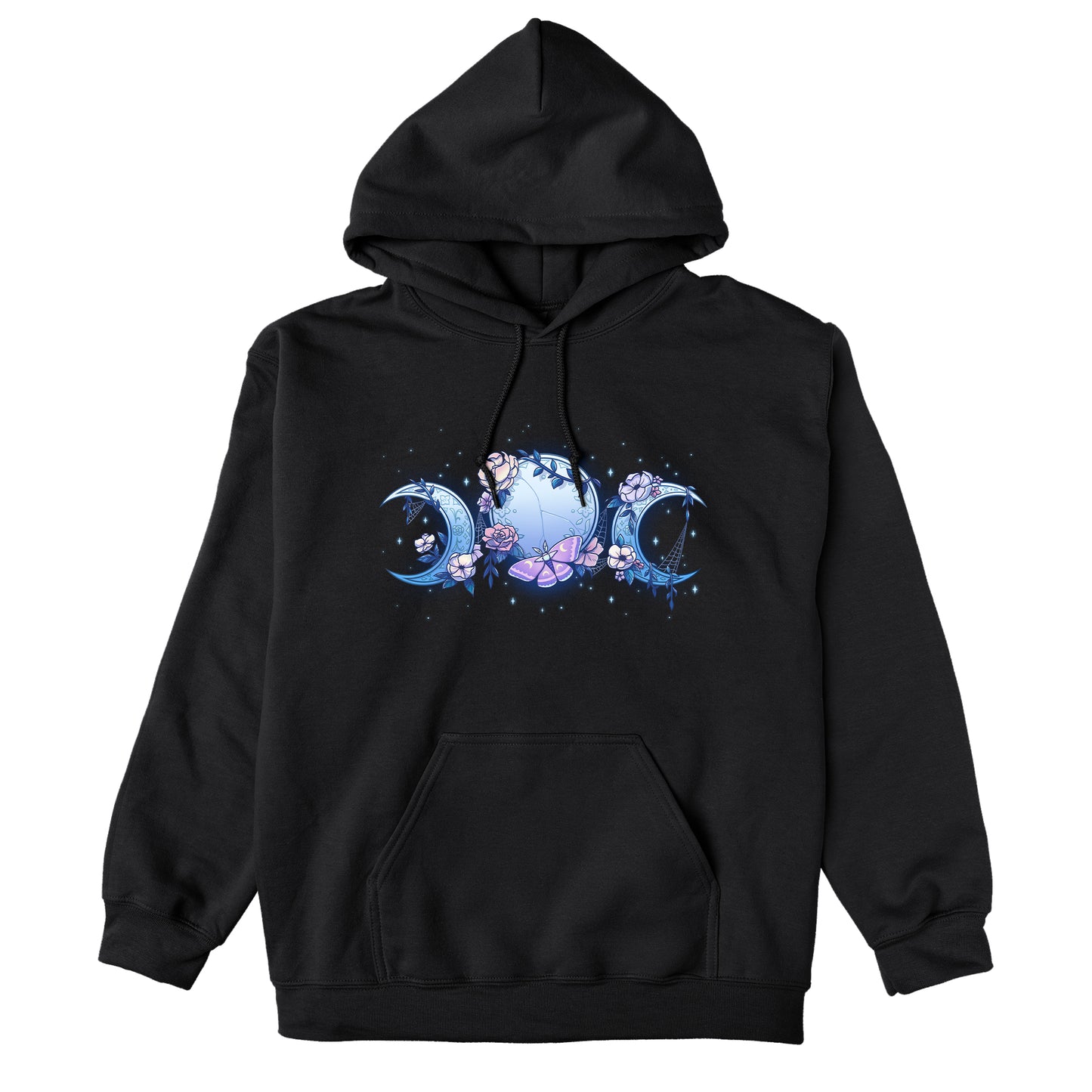 Pullover Hoodie_TeeTurtle black Enchanted Moons featuring a full moon surrounded by crescent moons on each side with flowers, cobwebs, and a moth.