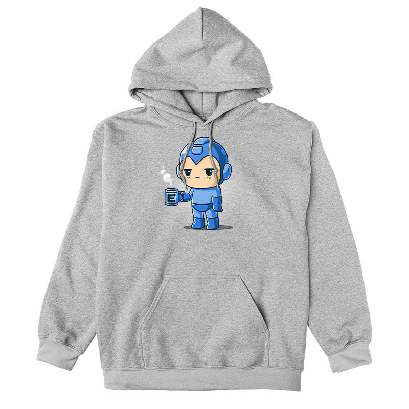 Pullover Hoodie_TeeTurtle heather gray Energy Capsule Needed apparel featuring a slee-deprived Mega Mag holding a steaming blue cup of coffee with an E on it.