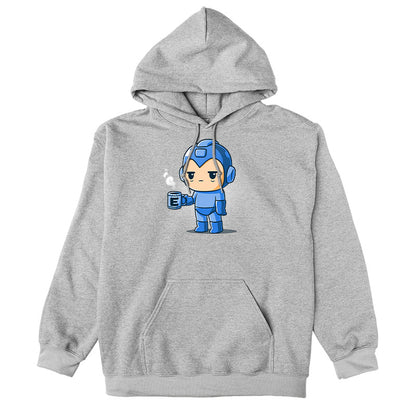 Pullover Hoodie_TeeTurtle heather gray Energy Capsule Needed apparel featuring a slee-deprived Mega Mag holding a steaming blue cup of coffee with an E on it.