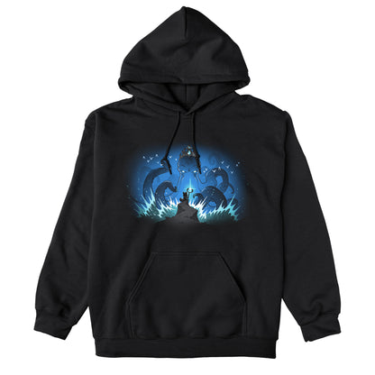 Pullover Hoodie_TeeTurtle black Face the Kraken apparel featuring a small fox standing on a cliff holding a shining staff facing off against a giant crowned kraken emerging from the sea and sea gulls flying around the kraken’s head.