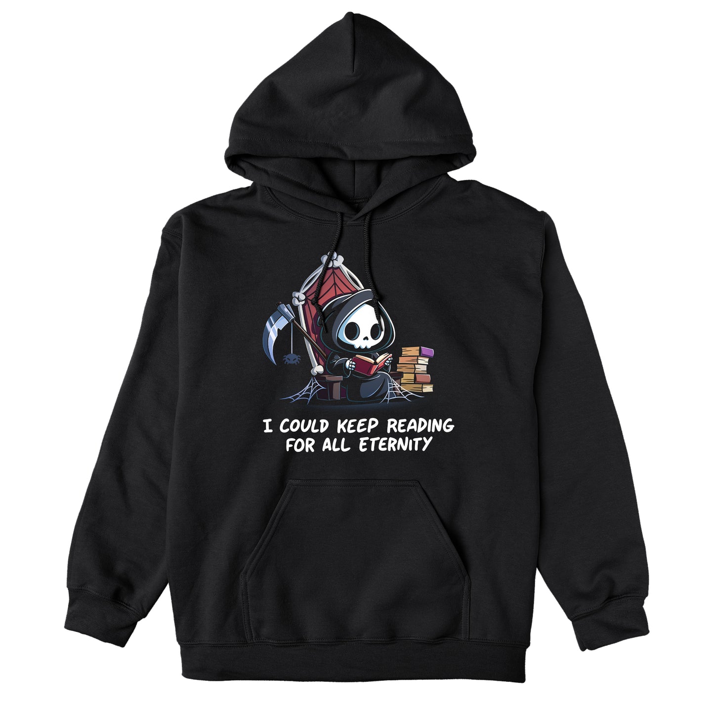 Pullover Hoodie_TeeTurtle black Eternal Reader featuring the Grim Reaper on a cobwebbed throne reading a book with text, “I could keep reading for all eternity“.