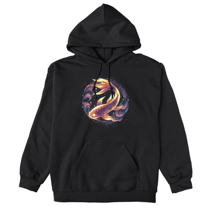 Pullover Hoodie_TeeTurtle black Ethereal Koi apparel featuring a bronze koi with gold highlights framed by a circle with cloud elements.