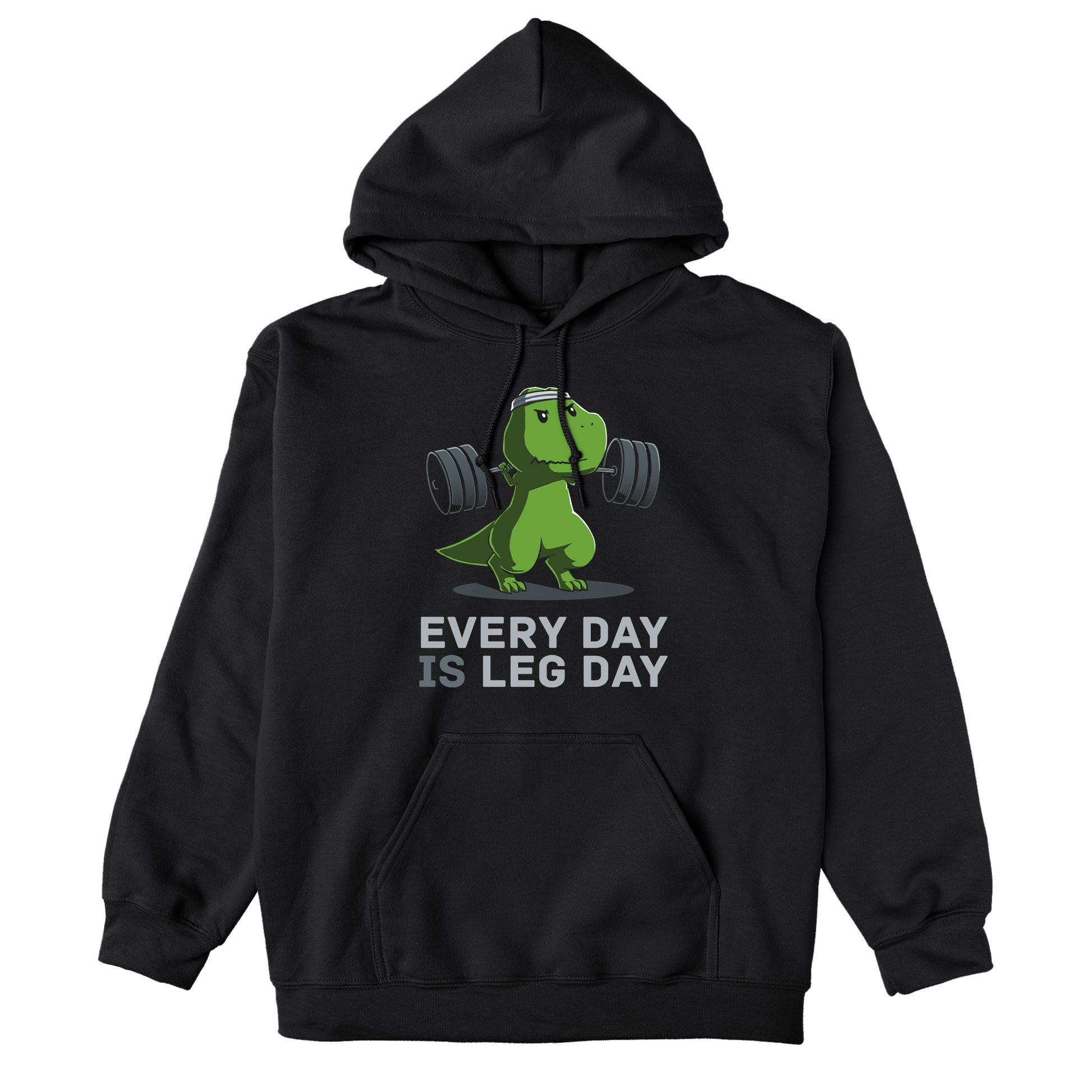 Pullover Hoodie_TeeTurtle black Every Day Is Leg Day. Featuring a t-rex lifting a barbell.