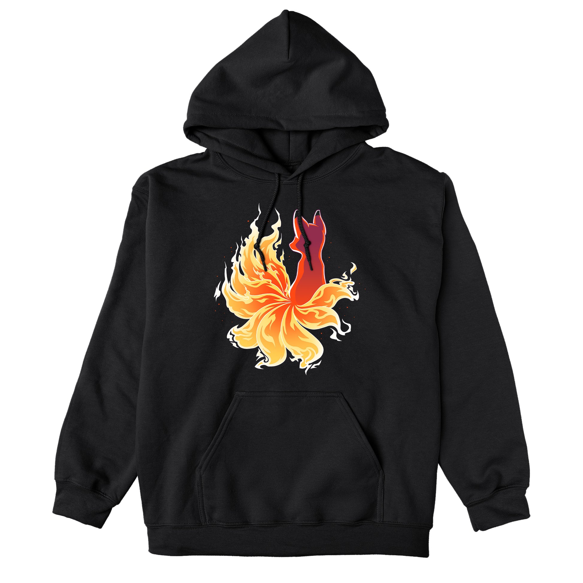 Pullover Hoodie_TeeTurtle black Fire Kitsune. Featuring a kitsune with fiery tail.