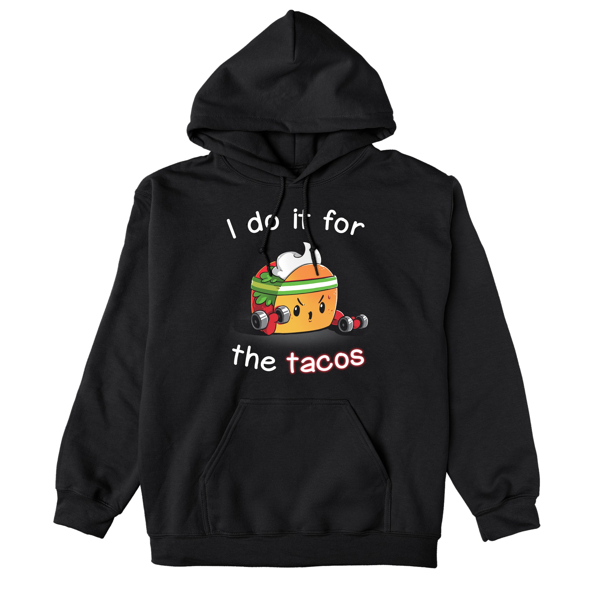 Pullover Hoodie_TeeTurtle For the Tacos black design featuring a taco lifting weights.