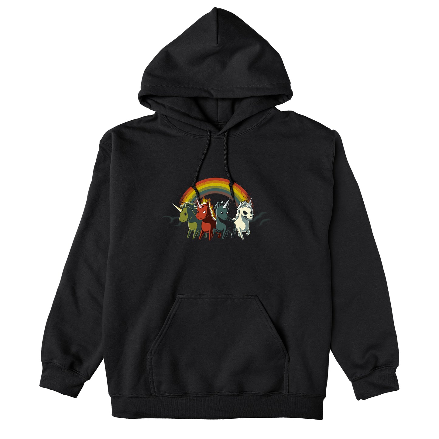 Pullover Hoodie_TeeTurtle black Four Unicorns of the Apocalypse. Featuring four apocalyptic unicorns with a rainbow in the background.