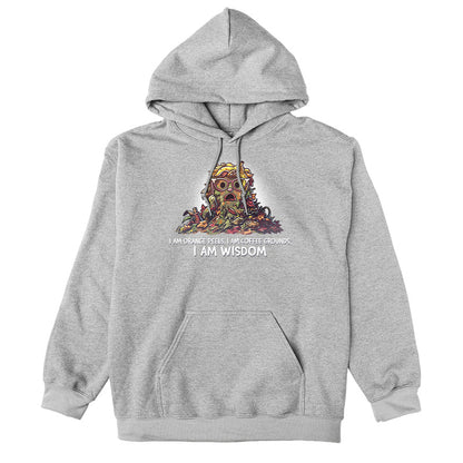 Pullover Hoodie_TeeTurtle heather gray I Am Wisdom apparel featuring Marjory the Trash Heap from Fraggle Rock with her iconic saying as a caption, “I am Orange peels, I am Coffee Grounds, I am Wisdom“.