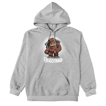Pullover Hoodie_TeeTurtle heather gray Frieeennd apparel featuring a sad Ludo, with the caption, “Frieeennd“.