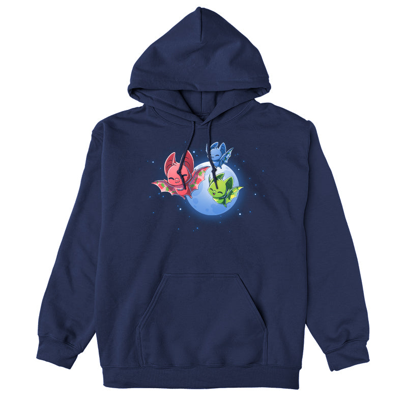 Pullover Hoodie_TeeTurtle Fruit Bats navy blue design featuring three colorful fruit bats (red, green, blue) with decorative wings flying against a night sky with a full moon and stars.