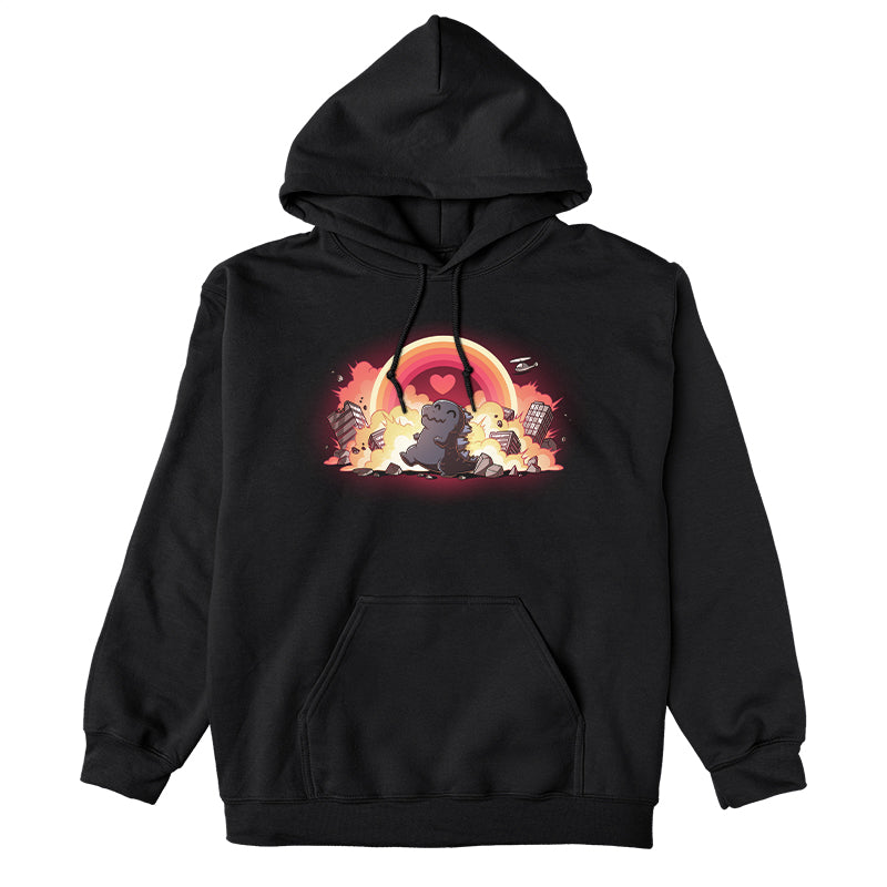 Pullover Hoodie_TeeTurtle black Godzilla's Happy Place apparel featuring a happy Godzilla rampaging through collapsing and exploding buildings, with a rainbow that has a heart in the center in the sky.