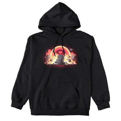 Pullover Hoodie_TeeTurtle black Godzilla's Happy Place apparel featuring a happy Godzilla rampaging through collapsing and exploding buildings, with a rainbow that has a heart in the center in the sky.