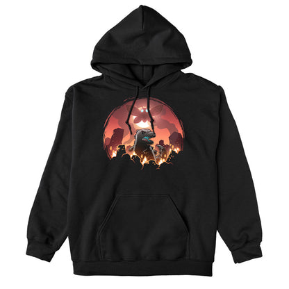 Pullover Hoodie_TeeTurtle black Godzilla and Mothra Rampage apparel featuring Godzilla rampaging around a burning city with Mothra floating in the sky in front of a full moon.