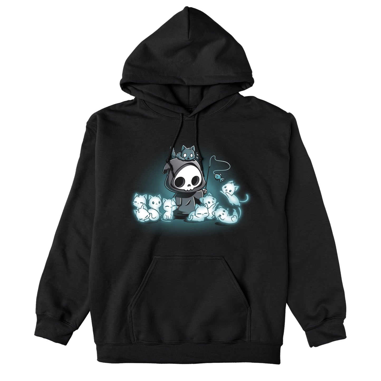 Pullover Hoodie_TeeTurtle Grim and Kitties black t-shirt featuring a hooded skeleton figure, resembling a spooky Grim Reaper, standing surrounded by glowing ghostly cats. One cat is perched on its head while it playfully dangles a toy fish in front of the others.