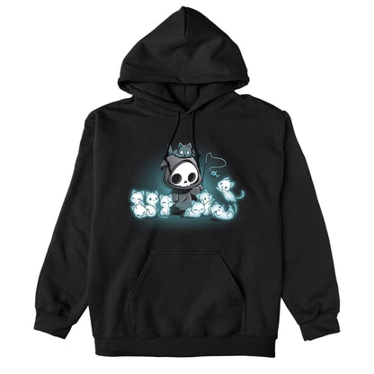 Pullover Hoodie_TeeTurtle Grim and Kitties black t-shirt featuring a hooded skeleton figure, resembling a spooky Grim Reaper, standing surrounded by glowing ghostly cats. One cat is perched on its head while it playfully dangles a toy fish in front of the others.