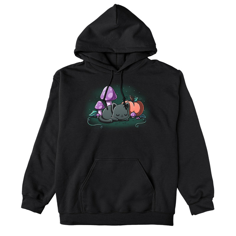 Pullover Hoodie_TeeTurtle black Harvest Haze apparel featuring a black cat sleeping among a pumpkin and purple mushrooms.