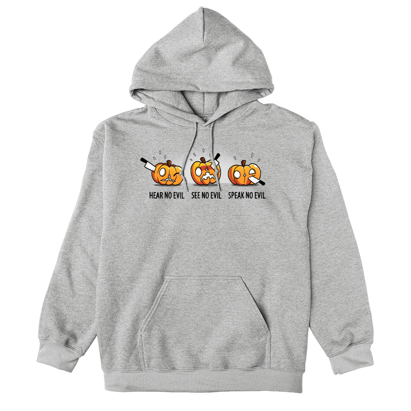 Pullover Hoodie_TeeTurtle Hear No Evil, See No Evil, Speak No Evil sport gray t-shirt featuring three pumpkins with knives in each. One is getting its ears carved, the second is getting its eyes carved, and the third is getting its mouth carved.