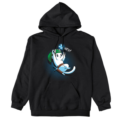 Pullover Hoodie_A cartoon white cat dressed as a warrior with a green hat, holding a sword, looks up on this black monsterdigital apparel. An animated creature above its head says "Hey!" in this super soft ringspun cotton tee.