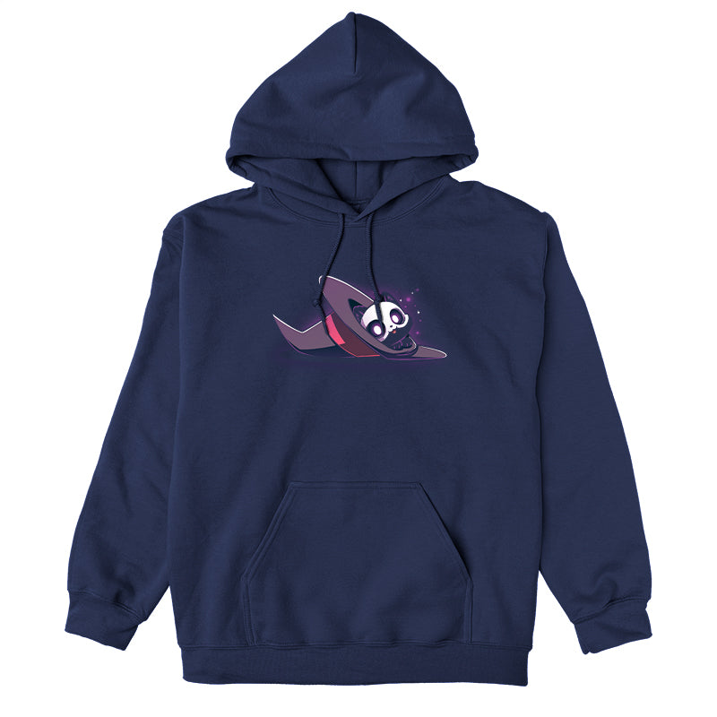 Pullover Hoodie_TeeTurtle navy blue Hocus Purrcus apparel featuring a black cat with a skeleton mask peeking out of a purple witch hat lying on its side.