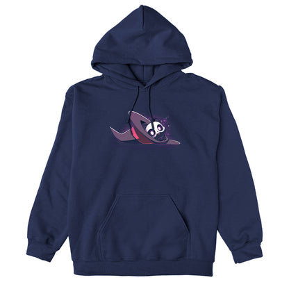 Pullover Hoodie_TeeTurtle navy blue Hocus Purrcus apparel featuring a black cat with a skeleton mask peeking out of a purple witch hat lying on its side.