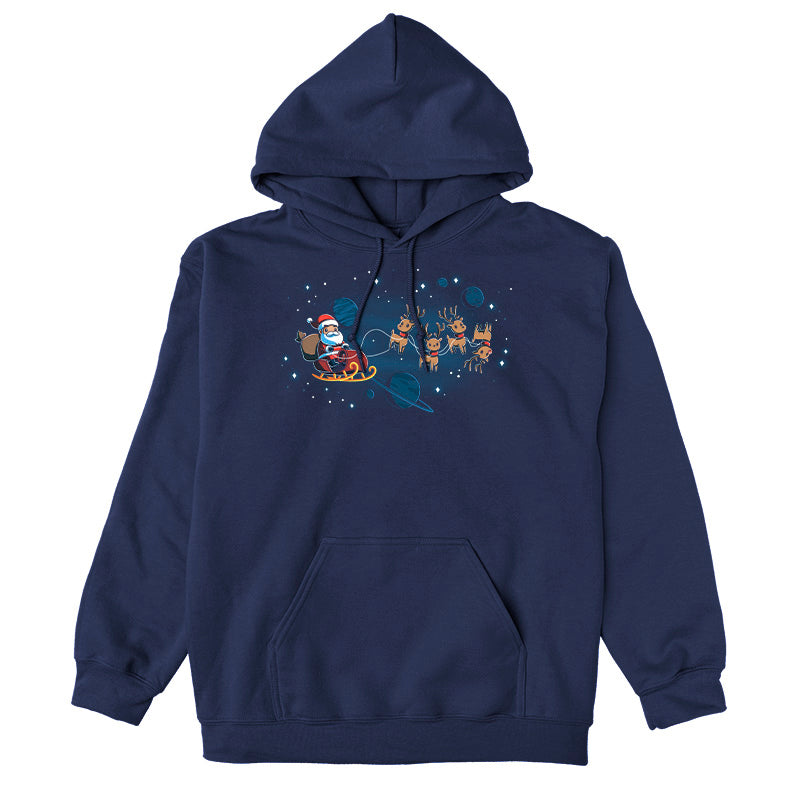 Pullover Hoodie_TeeTurtle navy blue Houston, We Have a Santa apparel featuring Santa Claus on a sleigh with his reindeer floating in space with plants and stars in the background.