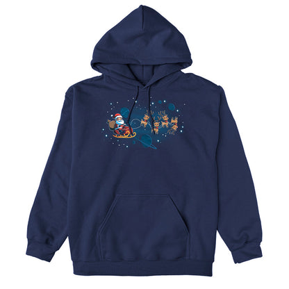 Pullover Hoodie_TeeTurtle navy blue Houston, We Have a Santa apparel featuring Santa Claus on a sleigh with his reindeer floating in space with plants and stars in the background.