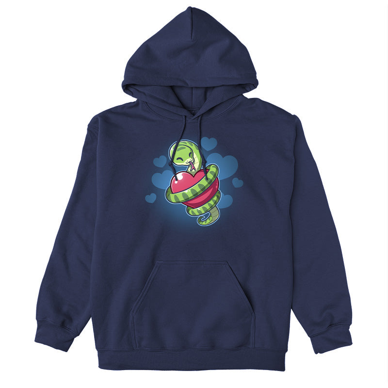 Pullover Hoodie_TeeTurtle navy blue Hugs and Hisses apparel featuring a green snake coiled around a red heart with blue hearts in the background.