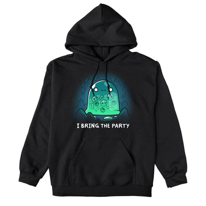 Pullover Hoodie_TeeTurtle black I Bring the Party hoodie featuring a giant slime monster with a small smile with multiple bones that can be seen in its transparent body inside a cave.