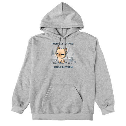 Pullover Hoodie_TeeTurtle light gray I Could Be Worse Pullover Hoodie featuring a content orange cat sitting beside a shattered vase with the text "Positive Self Talk: I Could Be Worse."