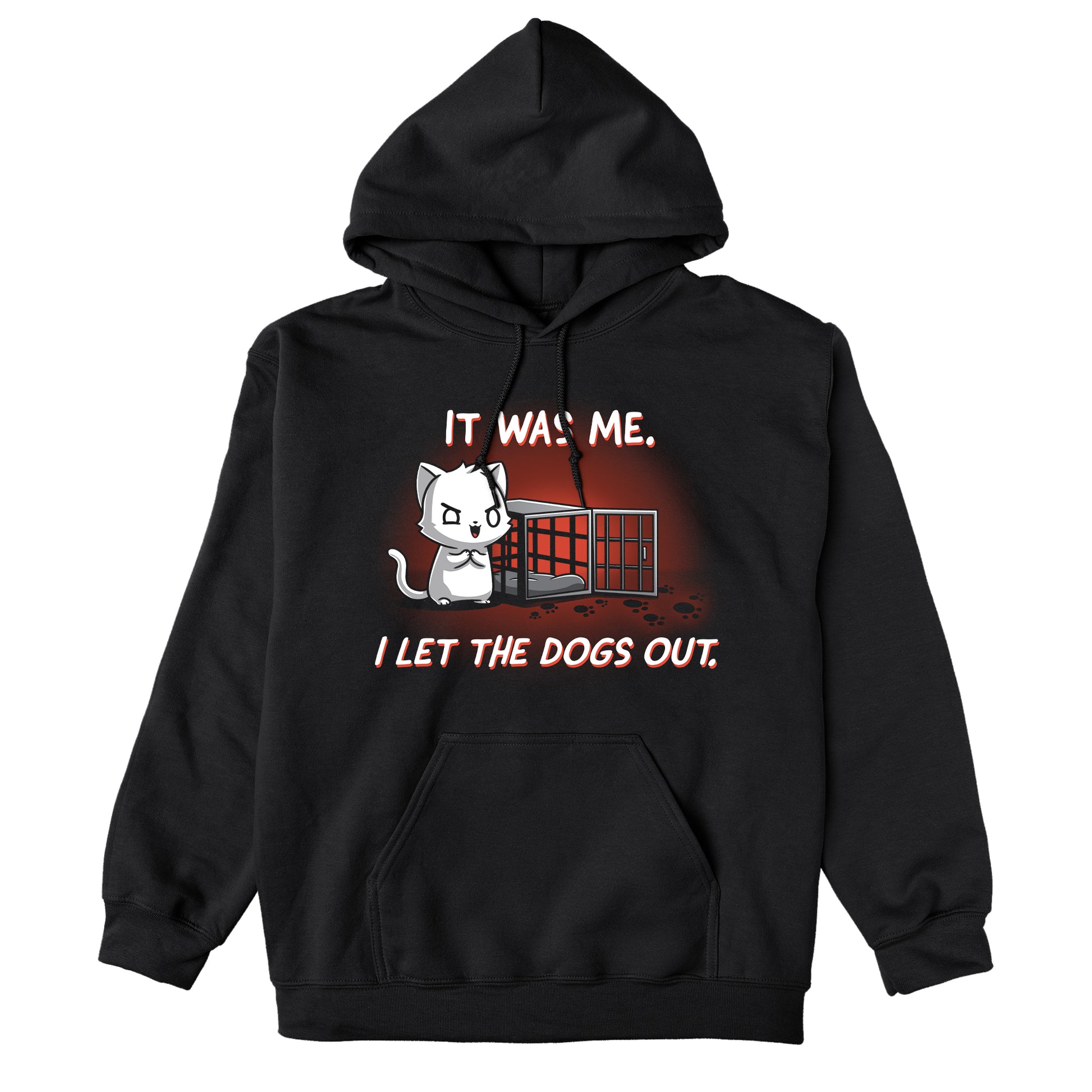 Pullover Hoodie_TeeTurtle I let the dogs out black design featuring a cat next to an empty dog cage.