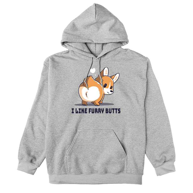 Pullover Hoodie_TeeTurtle I Like Furry Butts heather gray design featuring a corgi with a white heart above its head.