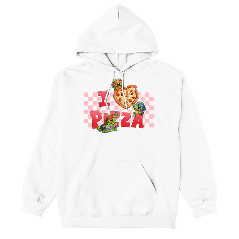 Pullover Hoodie_TeeTurtle white I Love Pizza apparel featuring the caption, “I Heart Pizza“, with the heart as a heart-shaped pizza, and Leonardo, Michelangelo, Donatello, and Raphael with heart eyes fighting over the pizza.