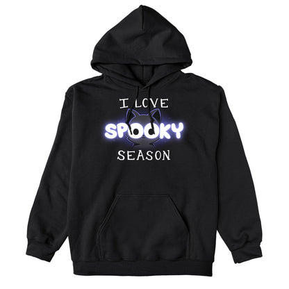 Pullover Hoodie_TeeTurtle black I Love Spooky Season apparel featuring the caption, "I Love Spooky Season" with the two Os formed by the large eyes of a black cat.