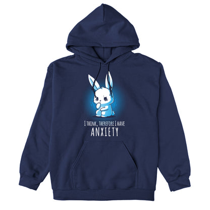 Pullover Hoodie_TeeTurtle navy blue I Think, Therefore I Have Anxiety. Featuring an over-thinking, anxious bunny.