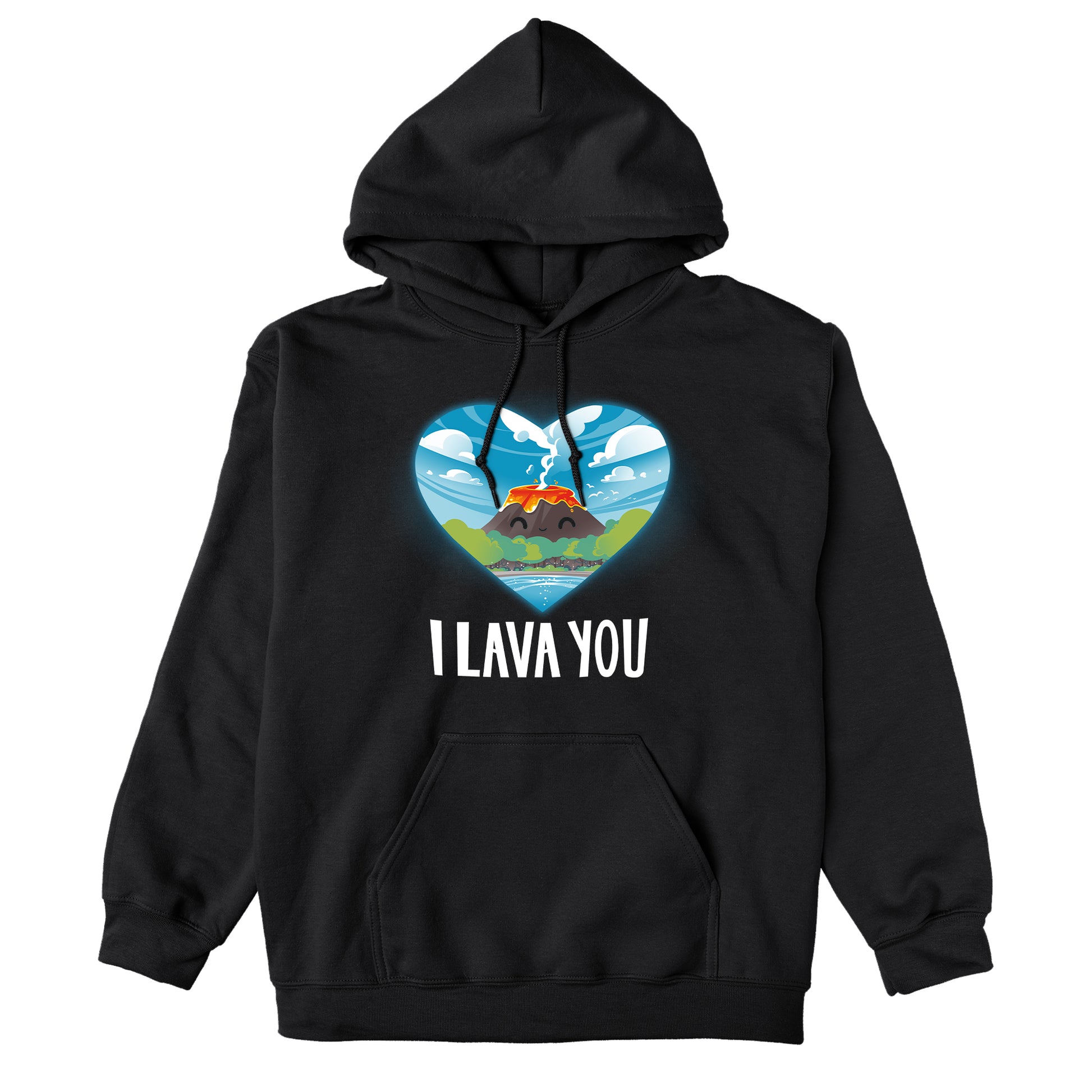 Pullover Hoodie_An illustration of a smiling volcano with lava, surrounded by trees and water, inside a heart shape. The text below reads "I LAVA YOU." This I Lava You apparel by monsterdigital is made from super soft ringspun cotton for ultimate comfort. Suitable for everyone, it's the perfect unisex tee!