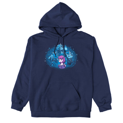 Pullover Hoodie_Teeturtle I Love My Fictional Boyfriends navy blue design featuring a cute unicorn reading a book dreaming about their fictional boyfriends, an elf archer unicorn, a mage unicorn and a vampire unicorn.