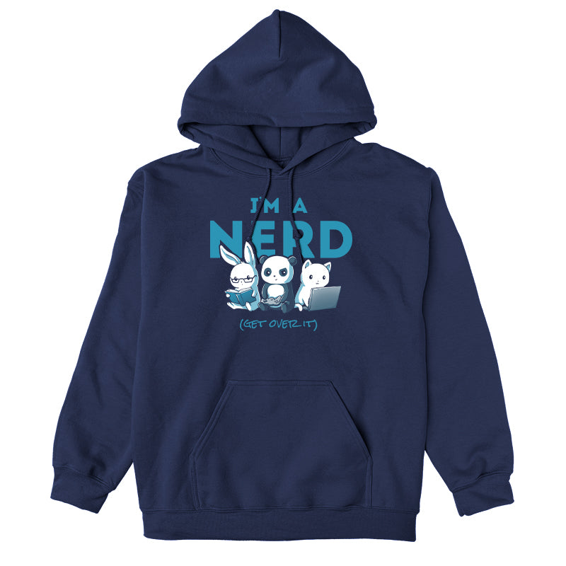 Pullover Hoodie_TeeTurtle navy blue I'm A Nerd. Featuring a bunny, panda, and cat respectively reading, playing a video game, and typing on a laptop.