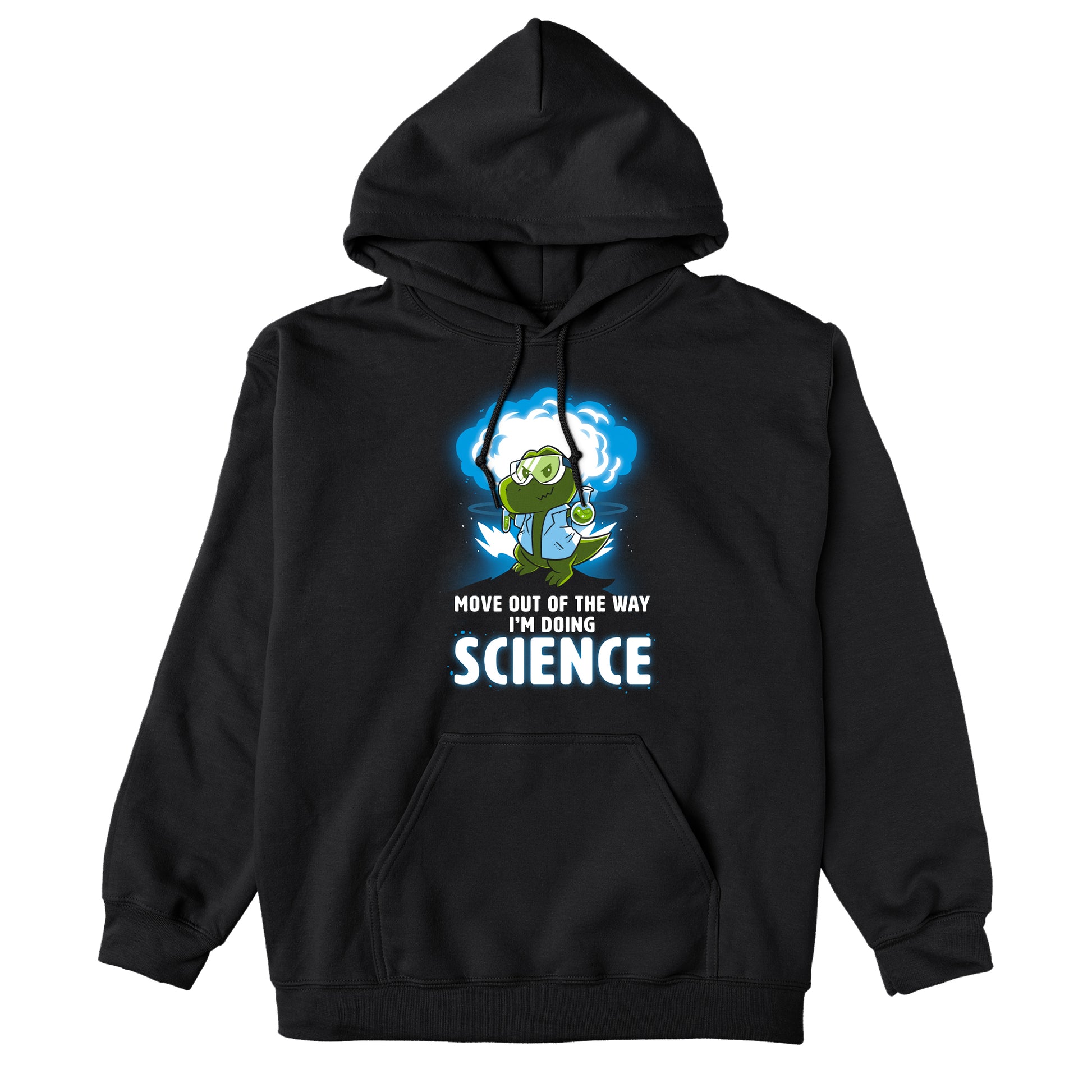 Pullover Hoodie_TeeTurtle black I'm Doing SCIENCE. Featuring a t-rex in a lab coat and safety glasses holding a beaker and explosion in the background.