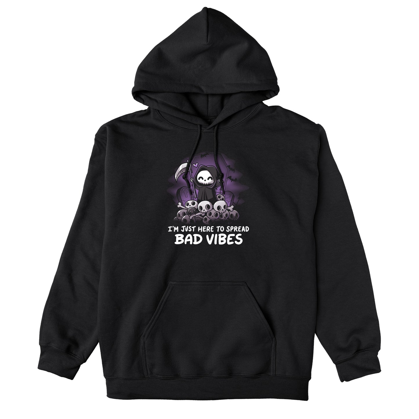 Pullover Hoodie_TeeTurtle I'm just here to spread bad vibes black design featuring a grim reaper with a scythe.