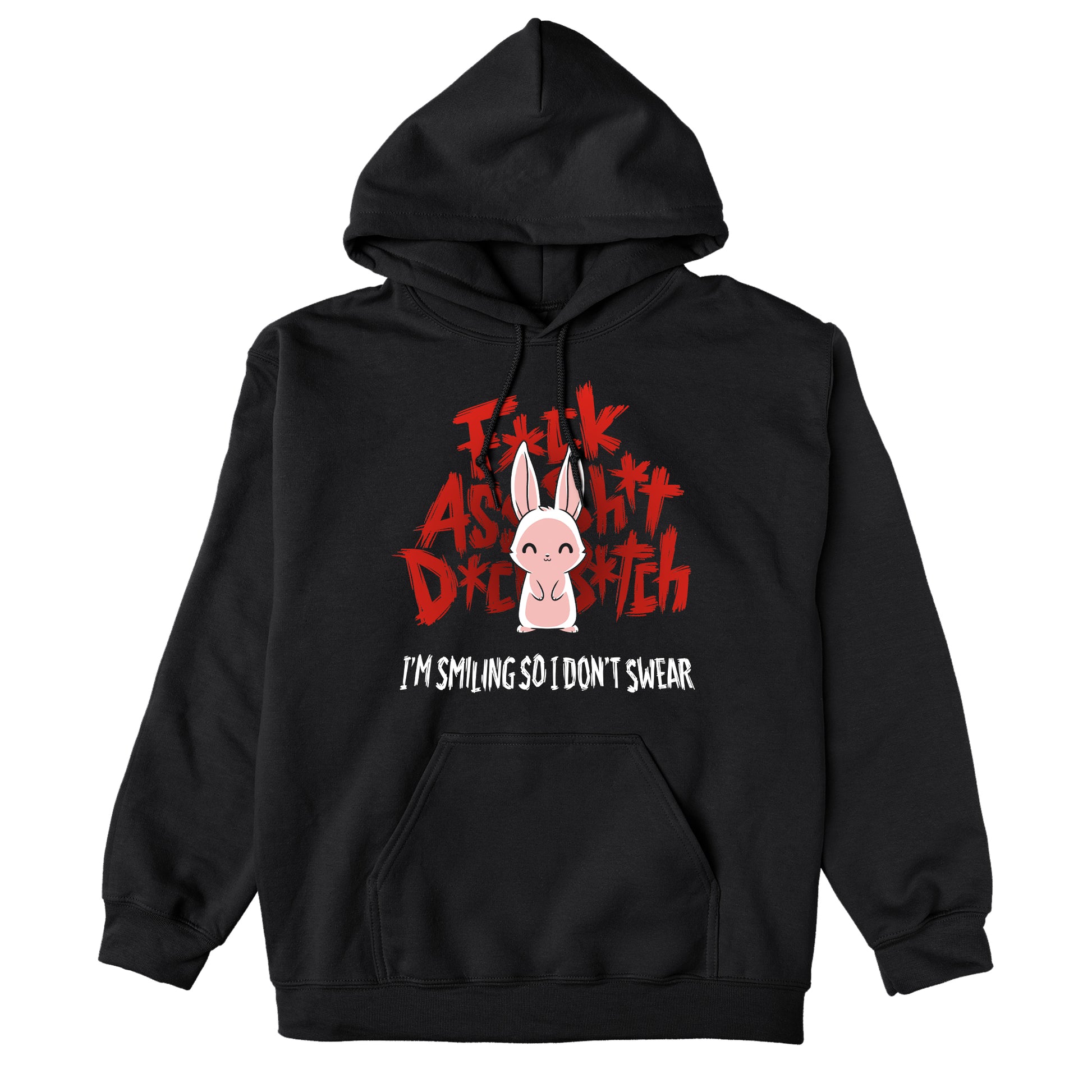 Pullover Hoodie_TeeTurtle I'm Smiling so I Don't Swear black t-shirt featuring a bunny smiling in front of angry, censored profanities in red. The text reads, "I’m smiling so I don’t swear."