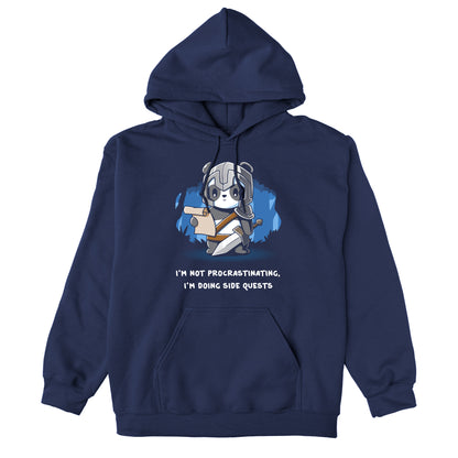 Pullover Hoodie_TeeTurtle navy blue I'm Doing Side Quests. Featuring a warrior panda holding a scroll saying, "I'm not procrastinating, I'm doing side quests.".